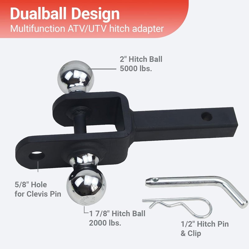 REDTEE ATV/UTV Trailer Hitch - Dual Hitch Balls (1-7/8" & 2"), Fits 1 1/4-Inch Receiver, Includes Pin & Clip, 5/8-Inch Clevis Pin Compatible, Matte Black Powder Coat Finish - Image 2